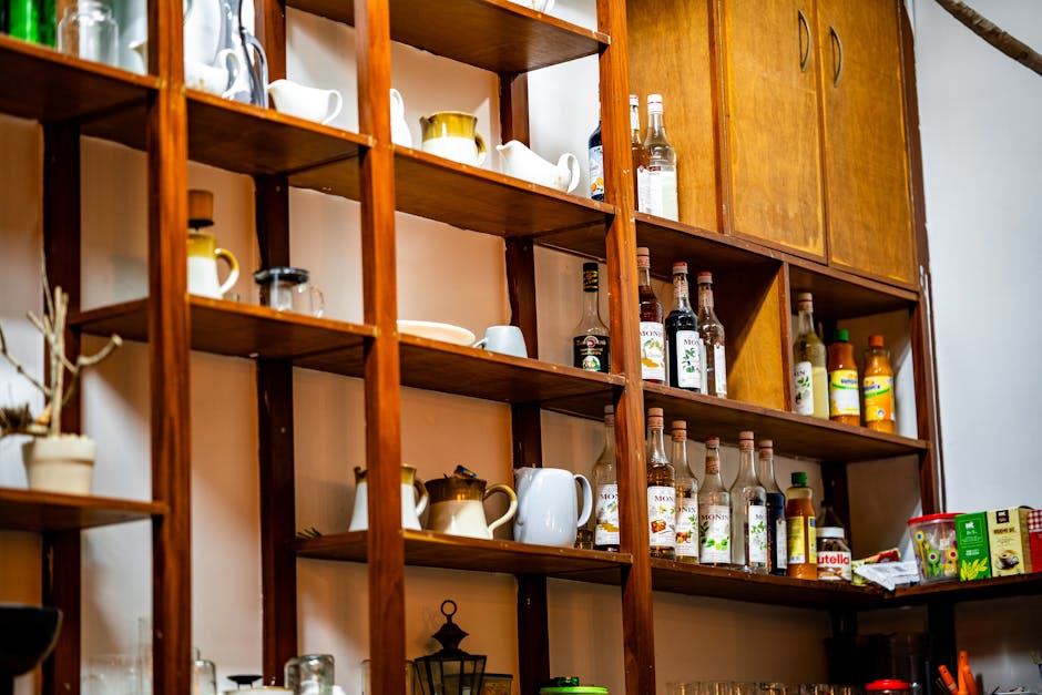 Restaurant kitchen inventory shelves with organized ingredients