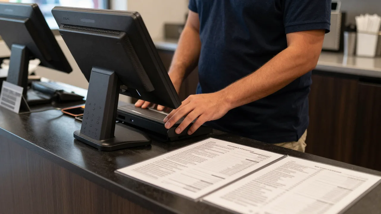 Restaurant manager entering menu items on a POS terminal during a closed afternoon shift with printed menu pages spread across the counter