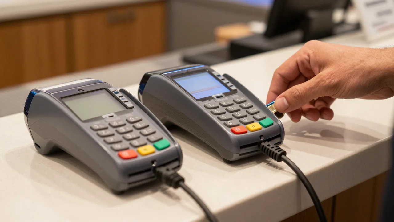 Close-up of two countertop payment terminals on a restaurant counter as a manager unplugs one of the connector cables