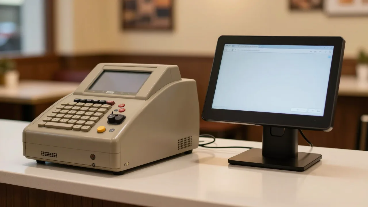 An older beige POS terminal sitting on a restaurant counter beside a modern touchscreen terminal, showing the generational contrast