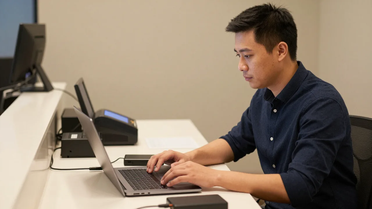 Restaurant owner at a back office desk exporting POS data to a laptop and external hard drive, with a POS terminal on the counter behind